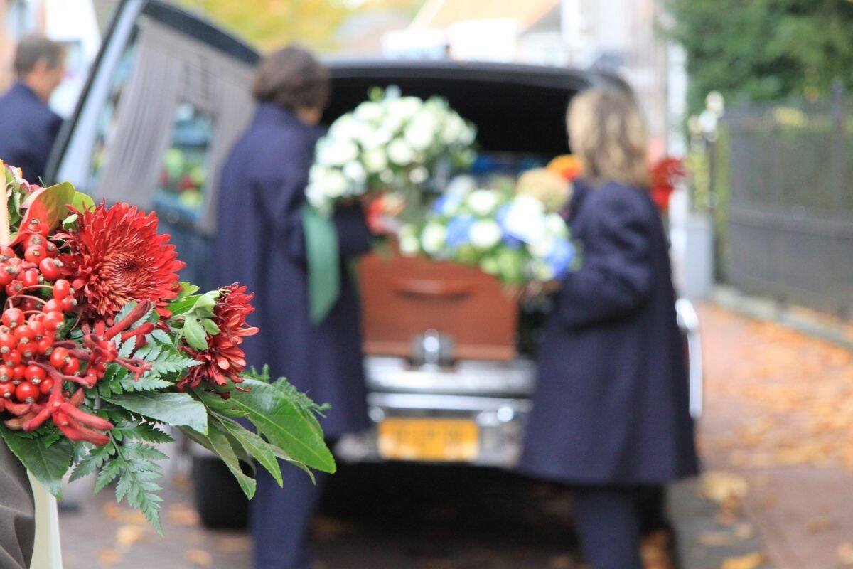 Coffin and flowers