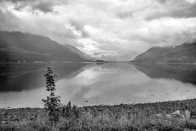 Black and white image of loch