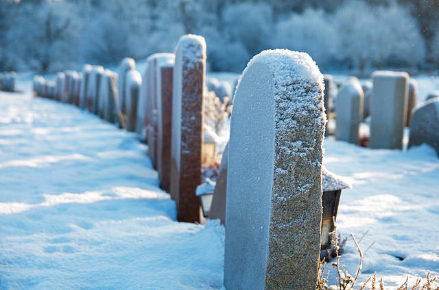 Snow on gravestones