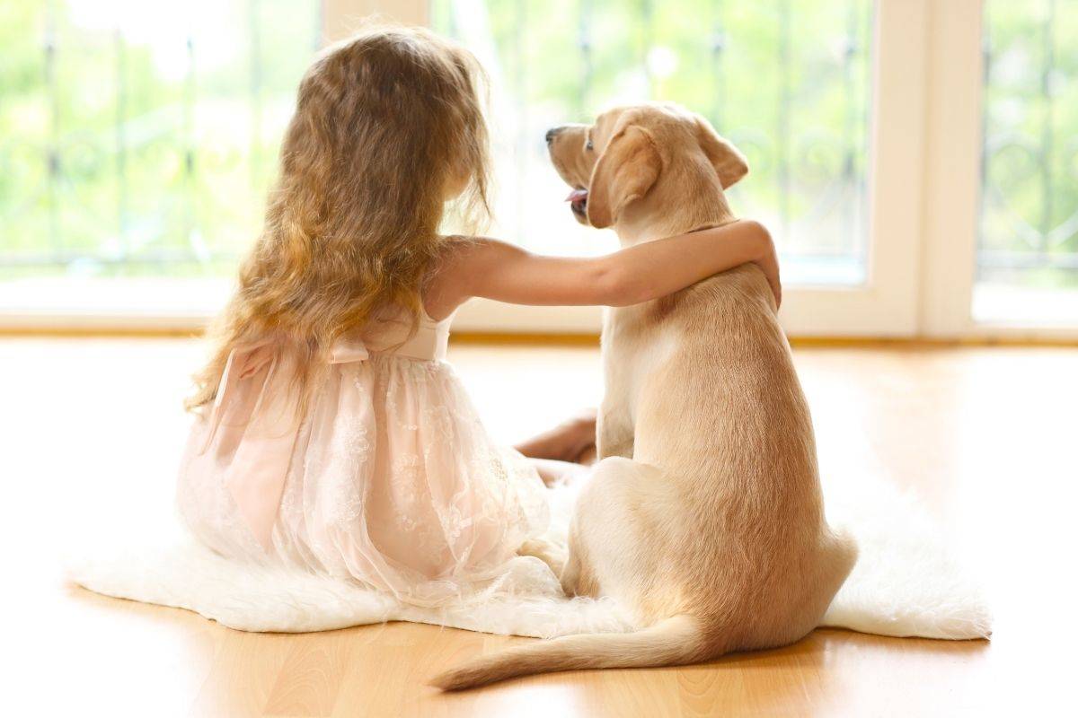 Girl sat with Labrador on floor