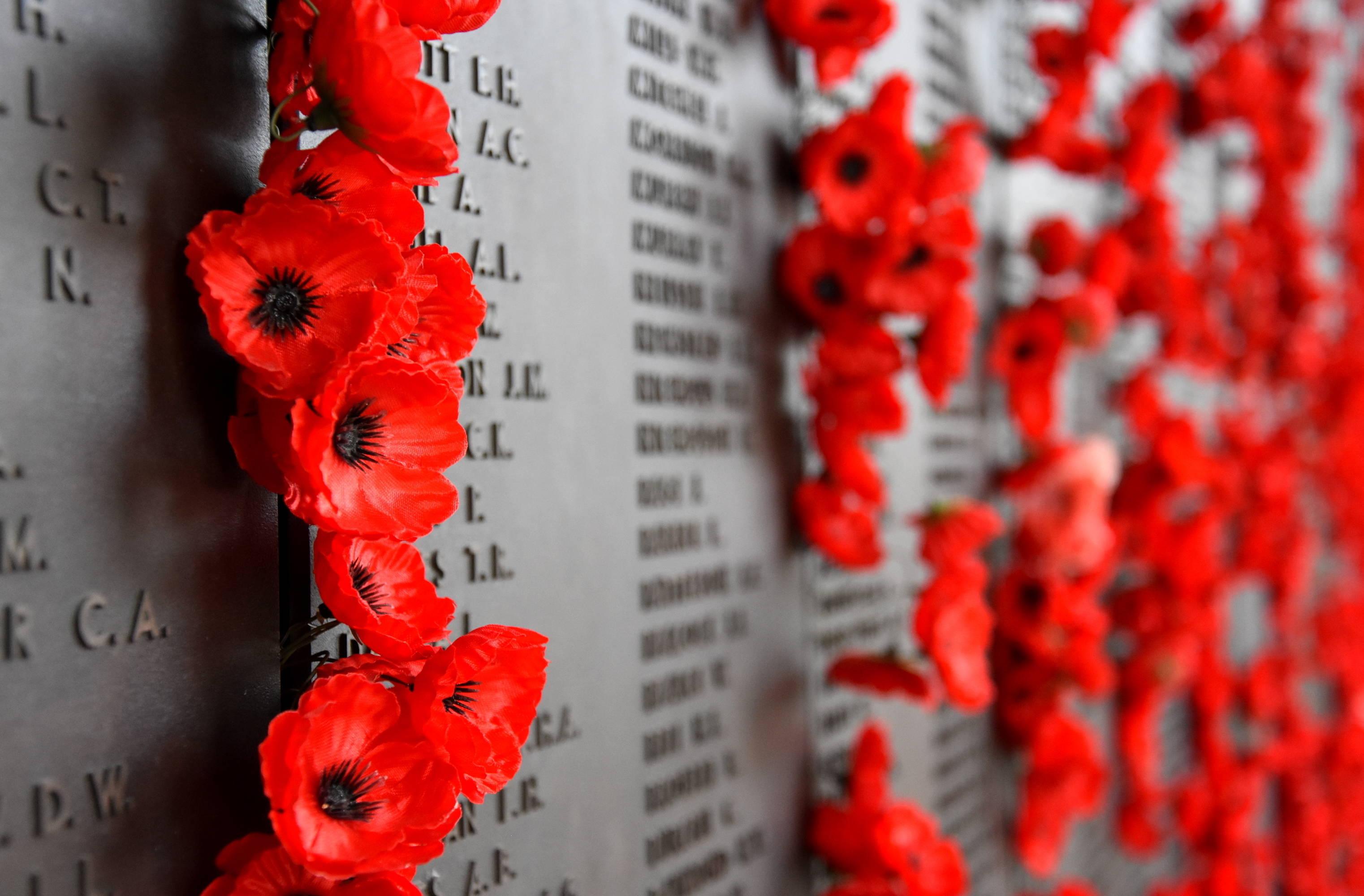 War Memorial with poppies